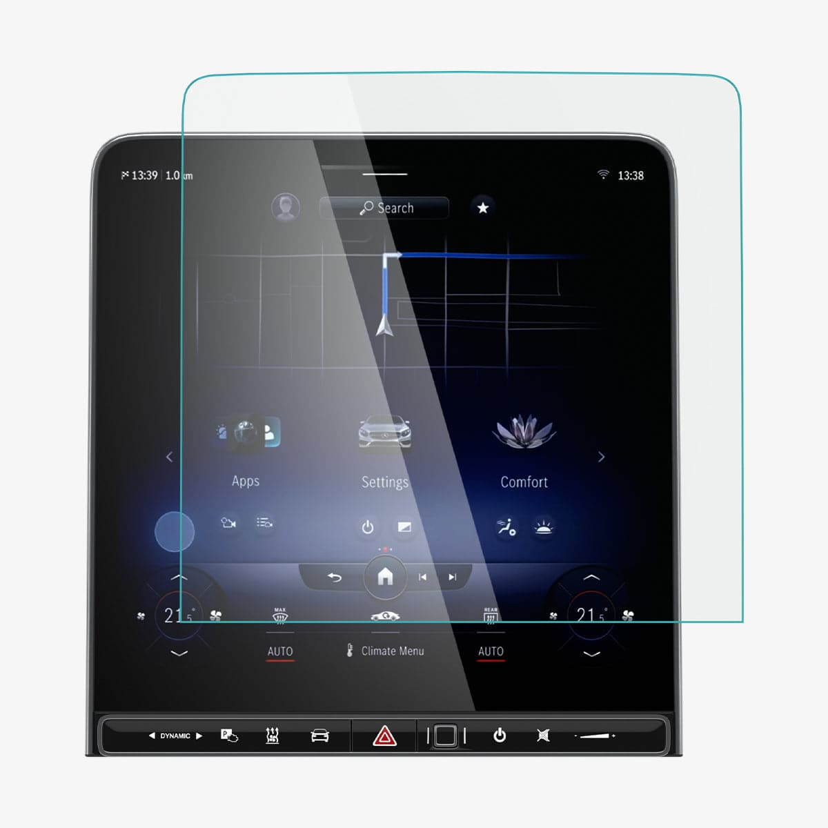 AGL03147 - Mercedes S-Class Screen Protector EZ FIT GLAS.tR Anti-Glare showing the screen protector hovering in front of display