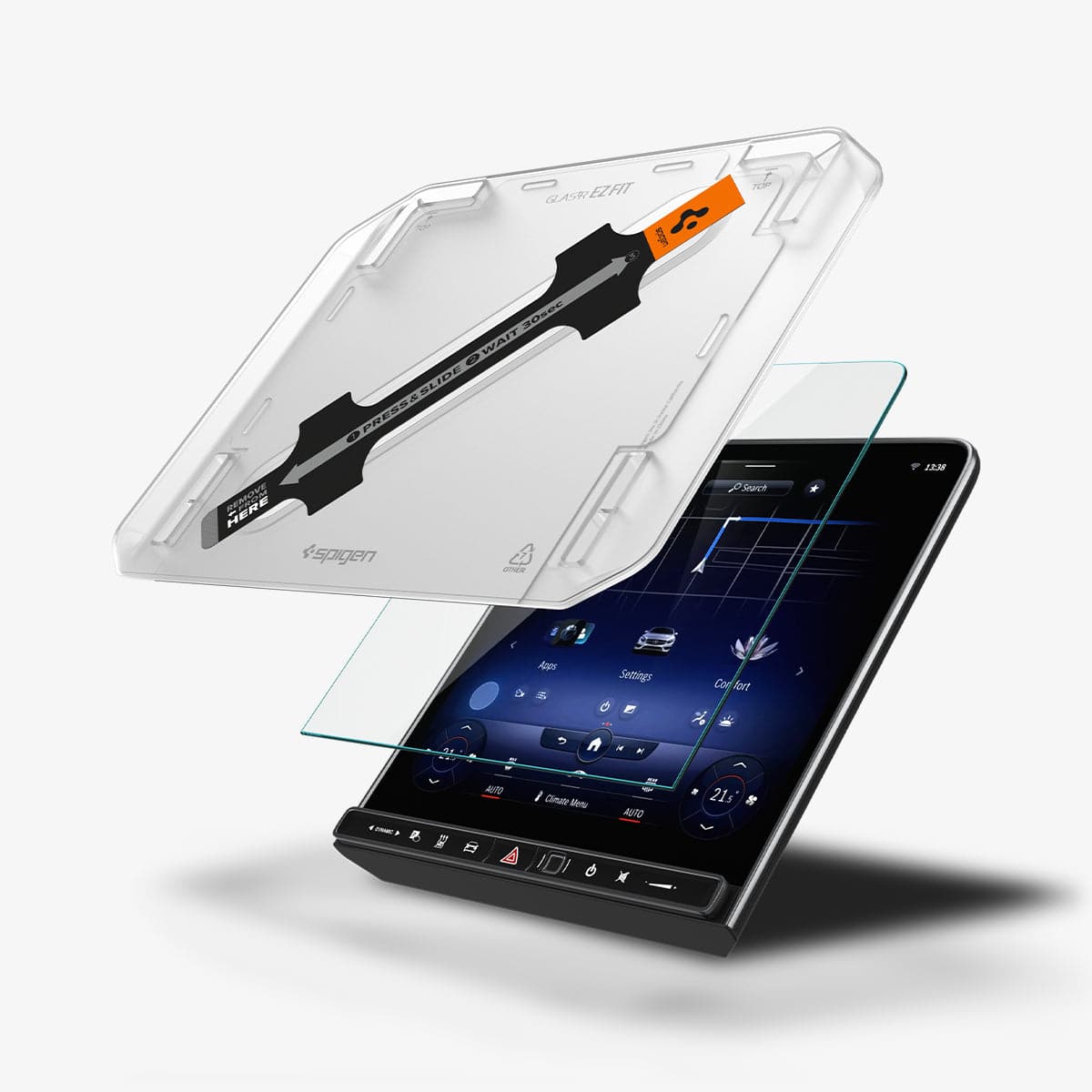 AGL03147 - Mercedes S-Class Screen Protector EZ FIT GLAS.tR Anti-Glare showing the ez fit tray and screen protector hovering in front of display
