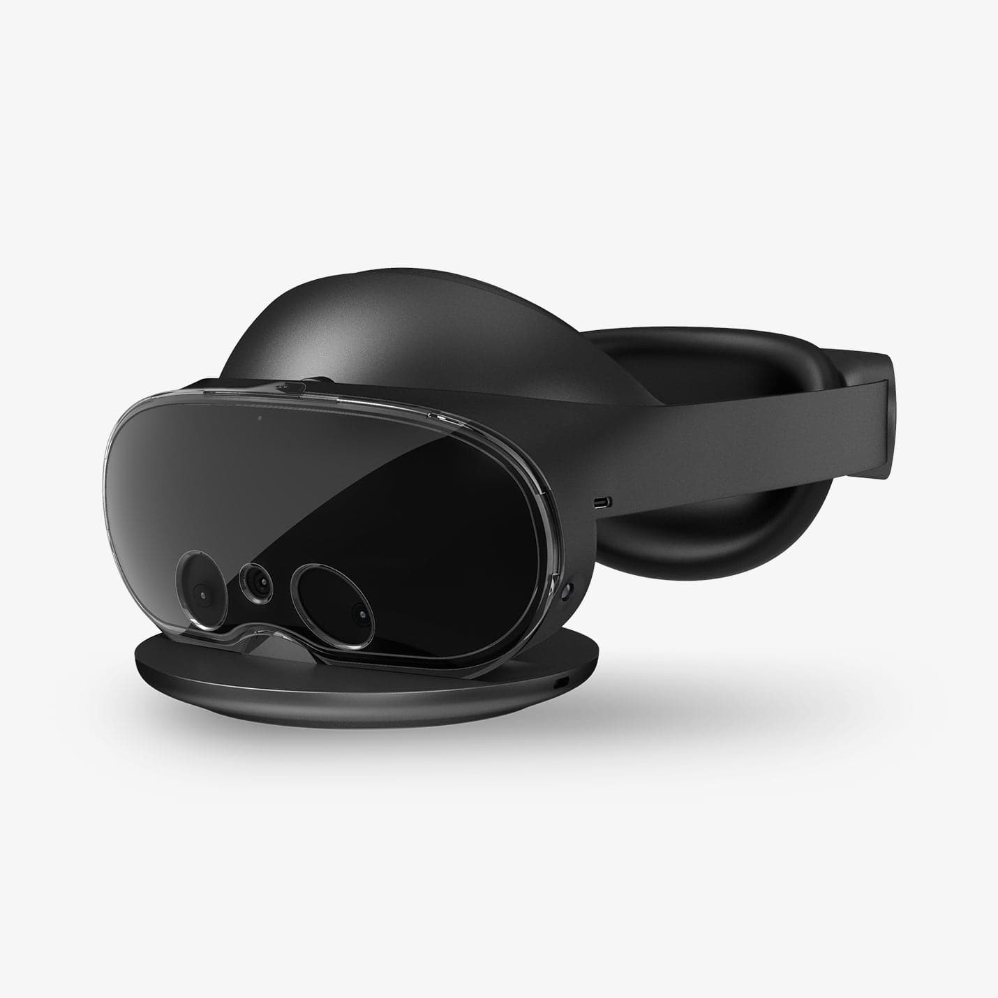 ACS06029 - Meta Quest Pro Ultra Hybrid Pro VR Lens Cover in royal black showing the front and side on stand