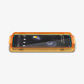 AGL05968 - Pixel 7a Screen Protector AlignMaster GLAS.tR showing the device laying flat and alignment tray installed onto device
