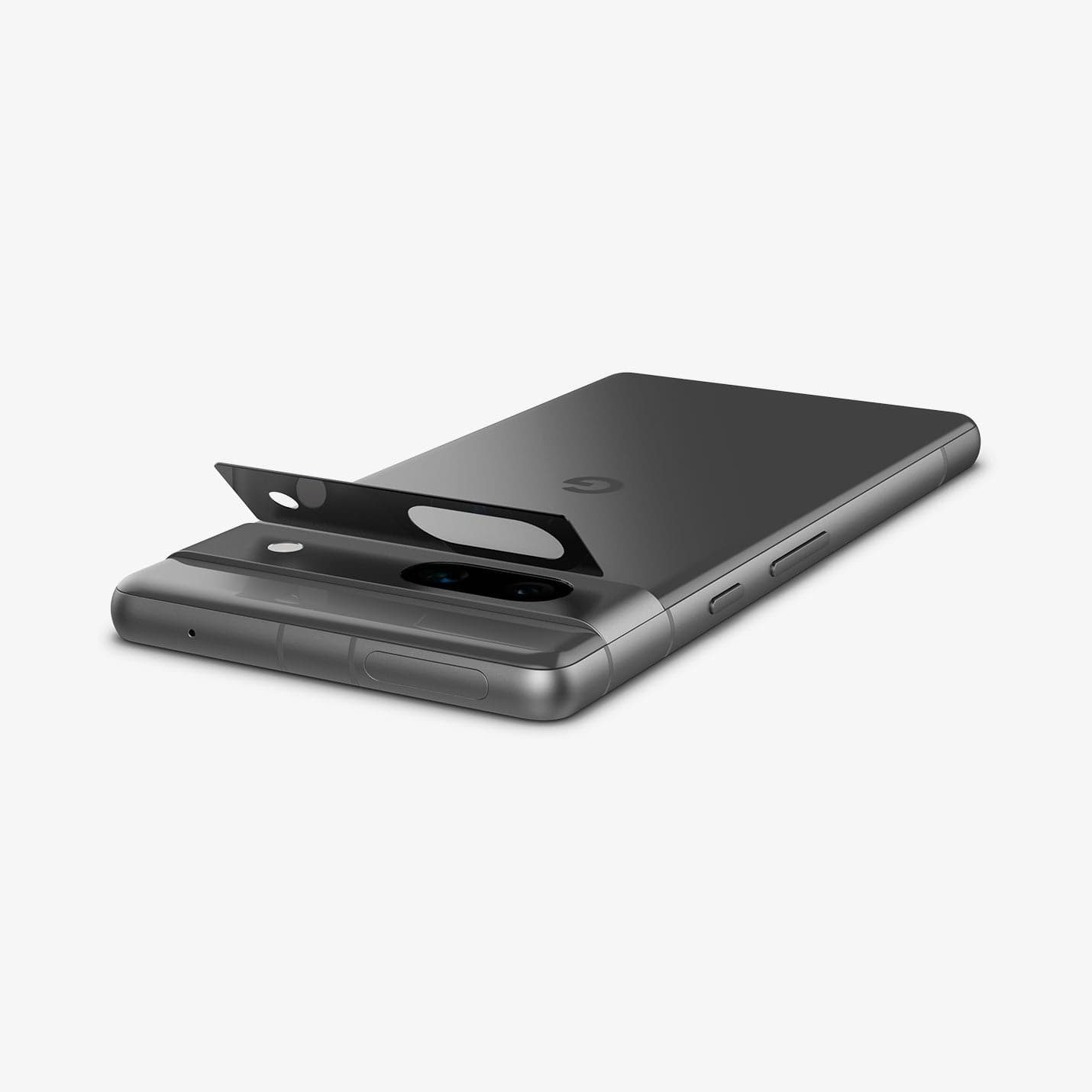 AGL05970 - Pixel 7a Glas.tR EZFit Optik Lens Protector in black showing the back, top and side with lens protector hovering slightly above