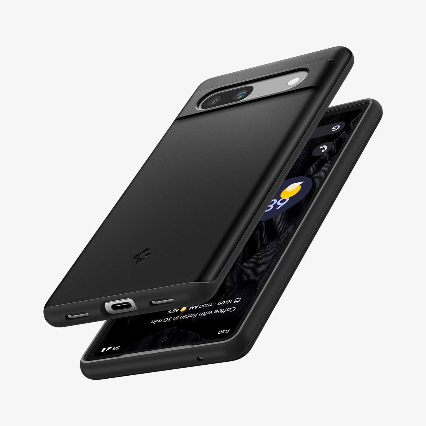 ACS05814 - Pixel 7a Case Thin Fit in black showing the sides, partial front and back