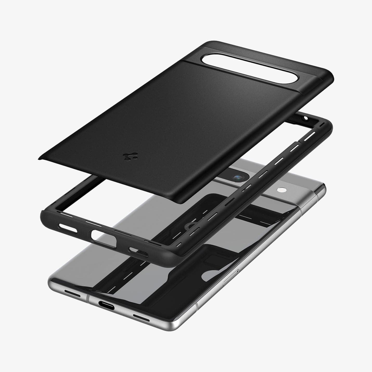ACS05814 - Pixel 7a Case Thin Fit in black showing the multiple layers of case hovering above device