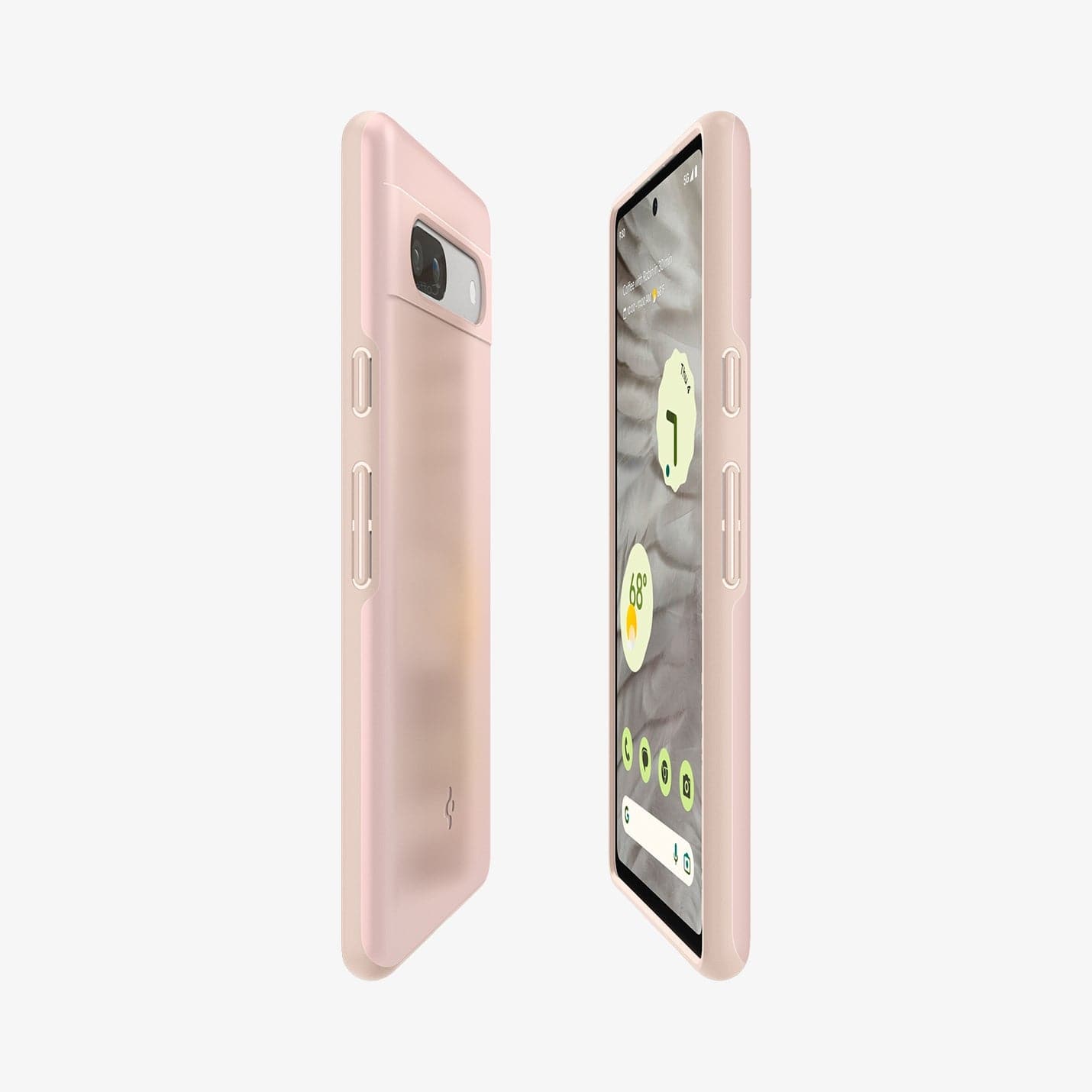 ACS06095 - Pixel 7a Case Thin Fit in pink sand showing the sides, partial back and front