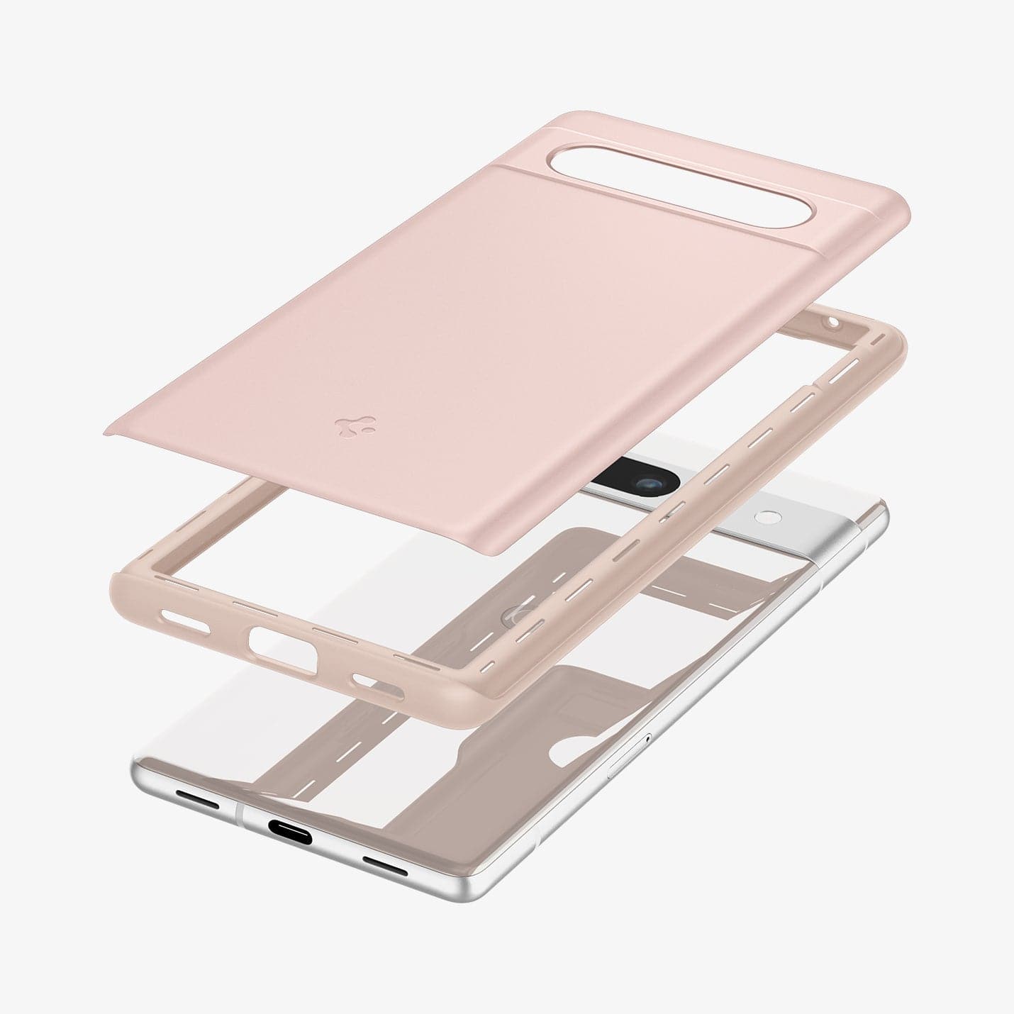 ACS06095 - Pixel 7a Case Thin Fit in pink sand showing the multiple layers of case hovering above the device