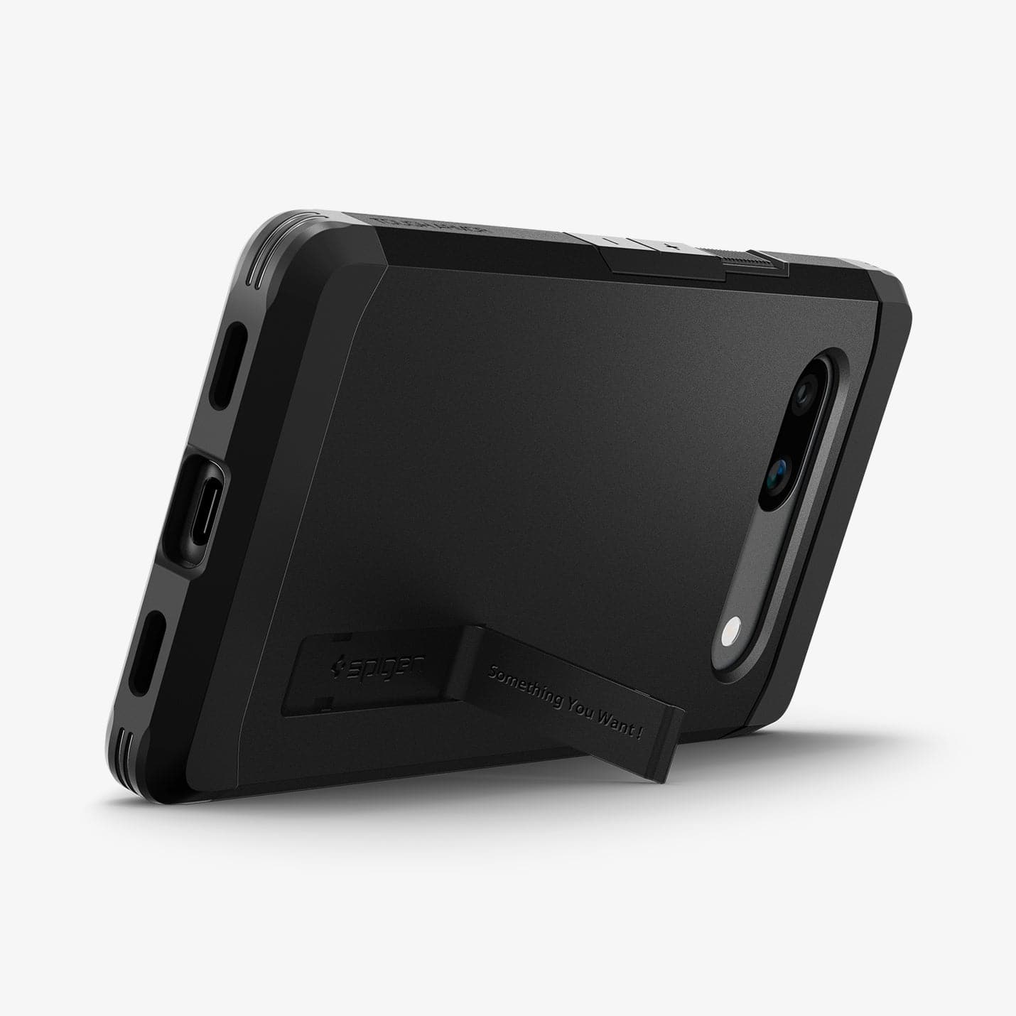 ACS05819 - Pixel 7a Case Tough Armor in black showing the back and bottom with device propped up by built in kickstand