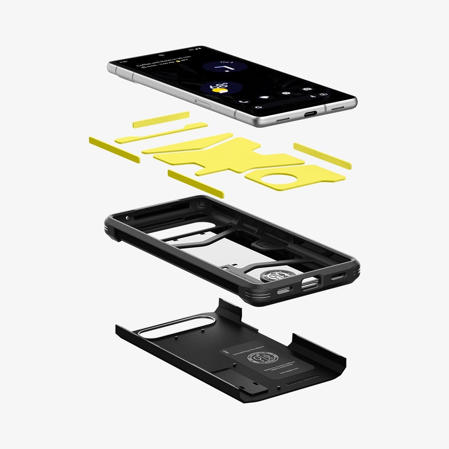 ACS05819 - Pixel 7a Case Tough Armor in black showing the hard pc, soft tpu, impact foam and device