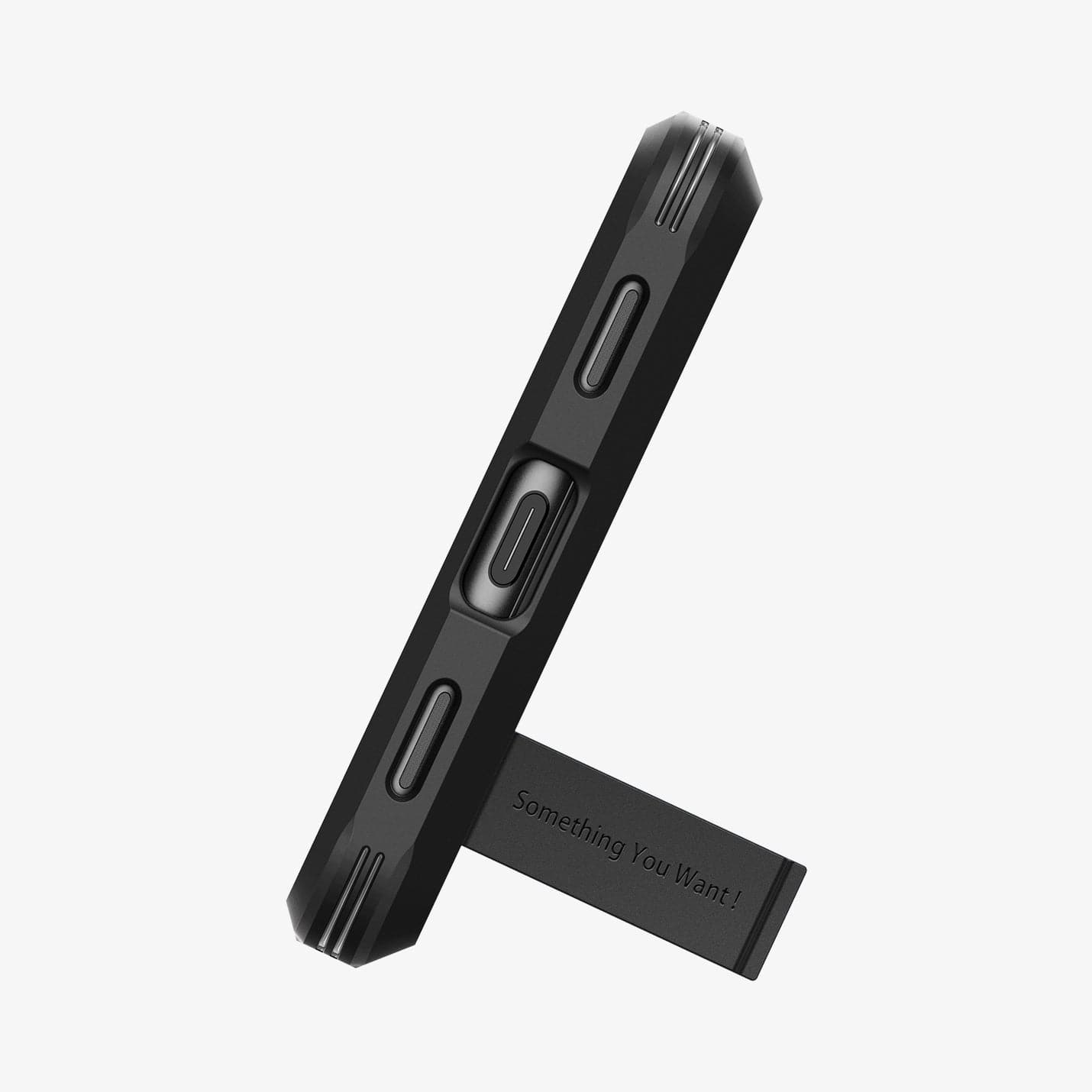 ACS05819 - Pixel 7a Case Tough Armor in black showing the bottom with device propped up horizontally by built in kickstand
