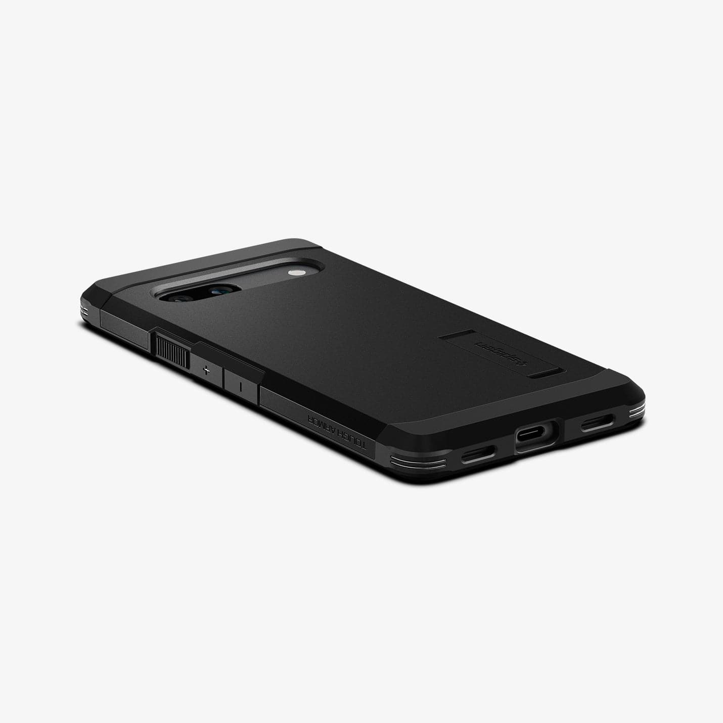 ACS05819 - Pixel 7a Case Tough Armor in black showing the back, side and bottom with device laying flat