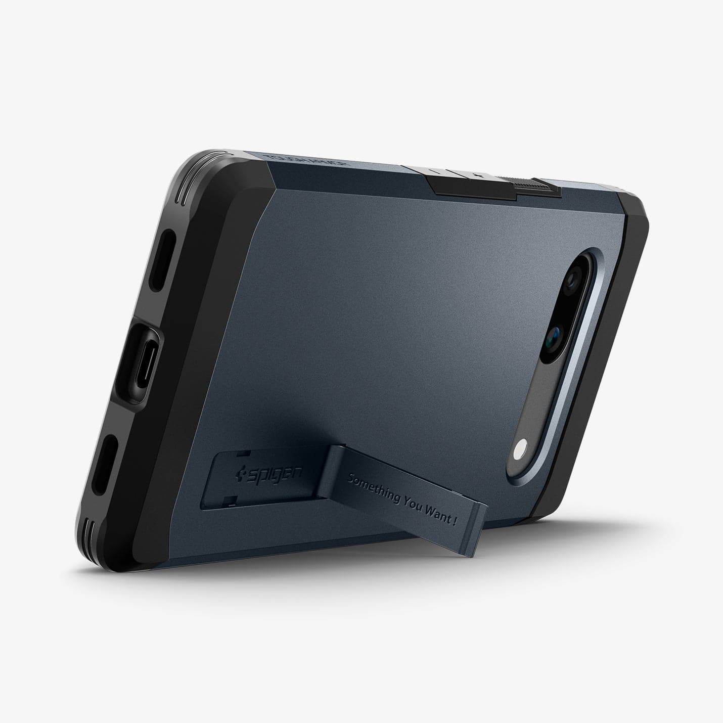 ACS05820 - Pixel 7a Case Tough Armor in metal slate showing the back and bottom with device propped up by built in kickstand