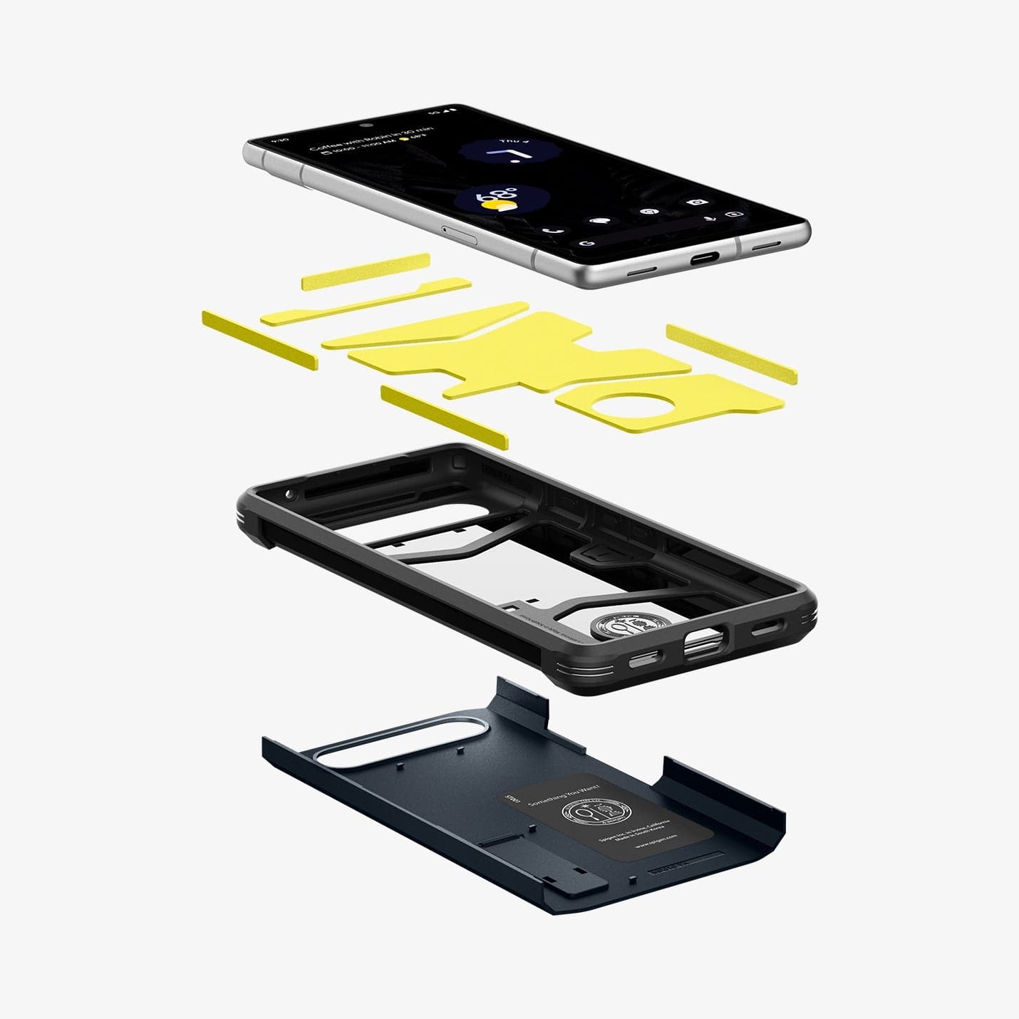 ACS05820 - Pixel 7a Case Tough Armor in metal slate showing the hard pc, soft tpu, impact foam and device