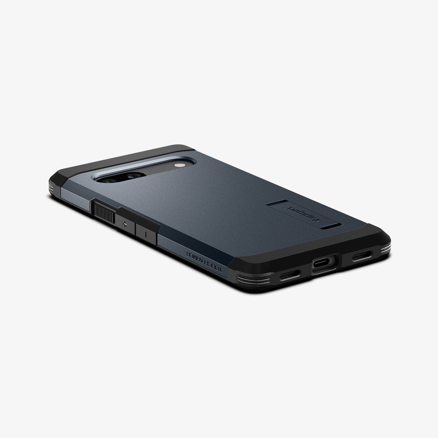 ACS05820 - Pixel 7a Case Tough Armor in metal slate showing the back, side and bottom with device laying flat