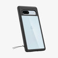 ACS05818 - Pixel 7a Case Ultra Hybrid in matte black showing the back and side with lanyard attached