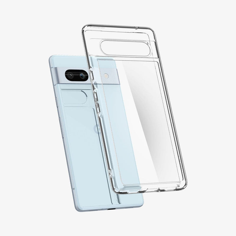 ACS05817 - Pixel 7a Case Ultra Hybrid in crystal clear showing the back with case hovering away from device
