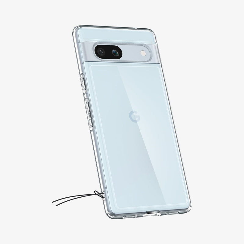 ACS05817 - Pixel 7a Case Ultra Hybrid in crystal clear showing the back and side with lanyard attached