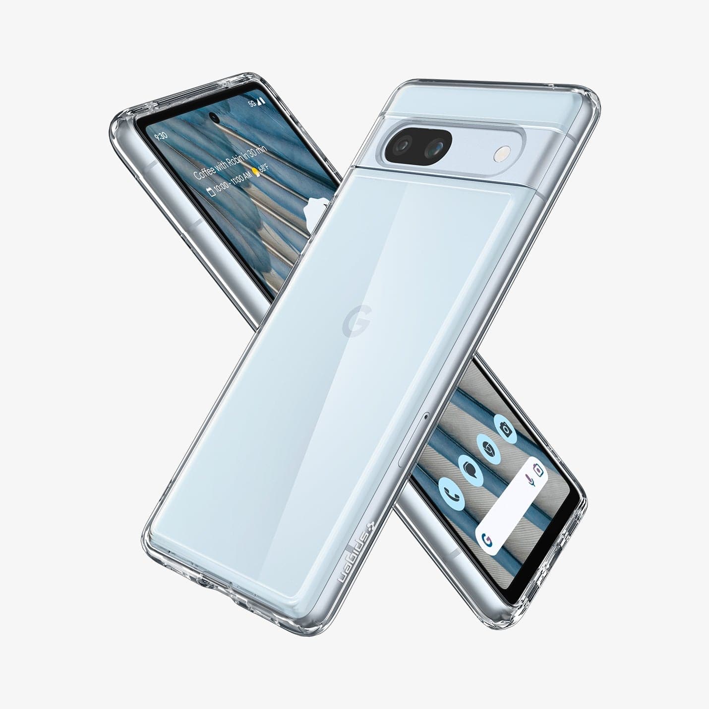 ACS05817 - Pixel 7a Case Ultra Hybrid in crystal clear showing the back, front and sides