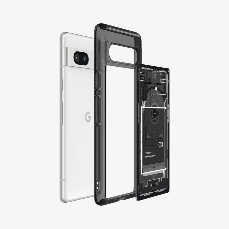 ACS06093 - Pixel 7a Case Ultra Hybrid Zero One showing the back with multiple layers of case hovering away from device