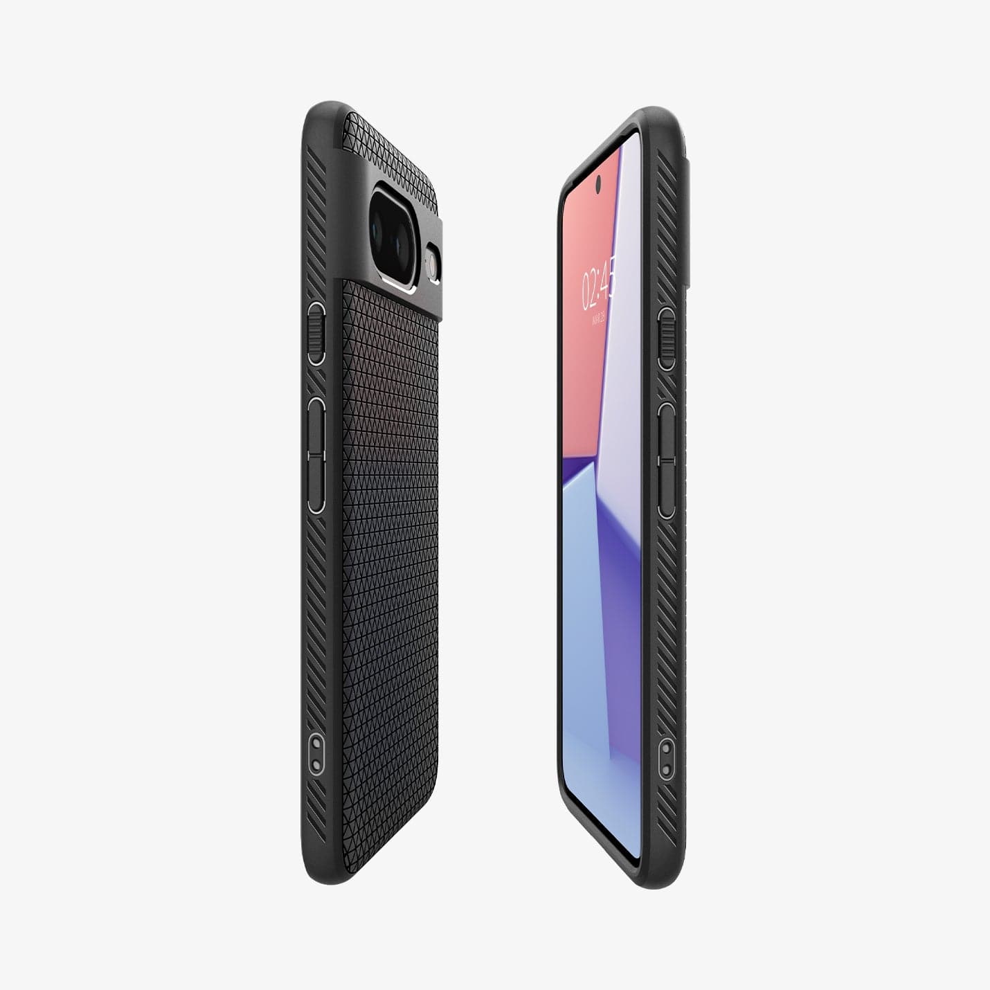 ACS06274 - Pixel 8 Case Liquid Air in Matte Black showing the partial back, partial front, and partial sides both devices aligned with each other