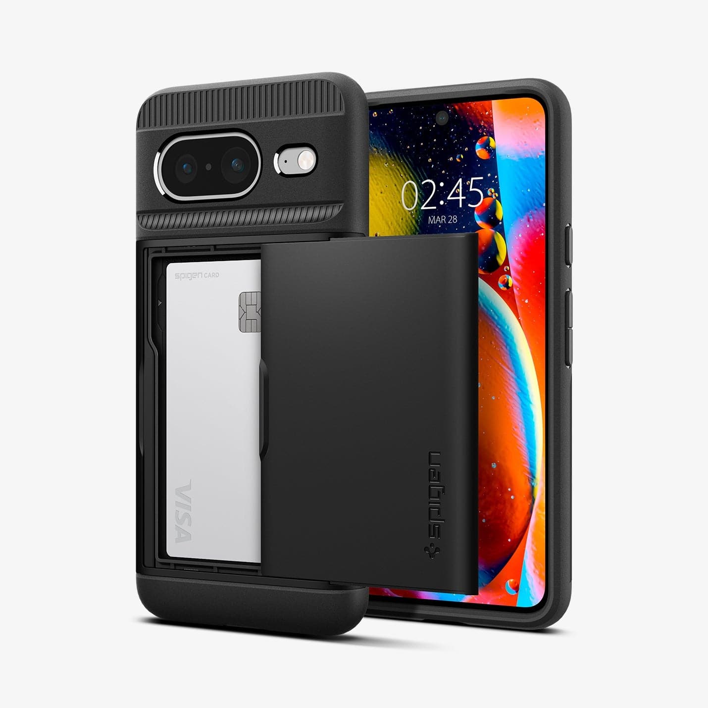 ACS06286 - Pixel 8 Case Slim Armor CS in black showing the back and front with card in slot