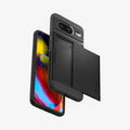 ACS06286 - Pixel 8 Case Slim Armor CS in black showing the back, front and sides with card slot open