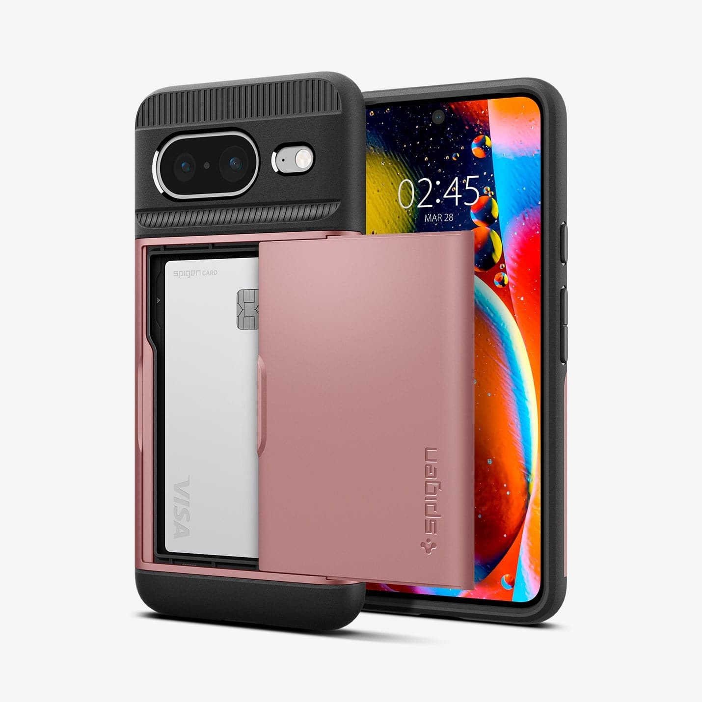 ACS06287 - Pixel 8 Case Slim Armor CS in rose gold showing the back and front with card in slot