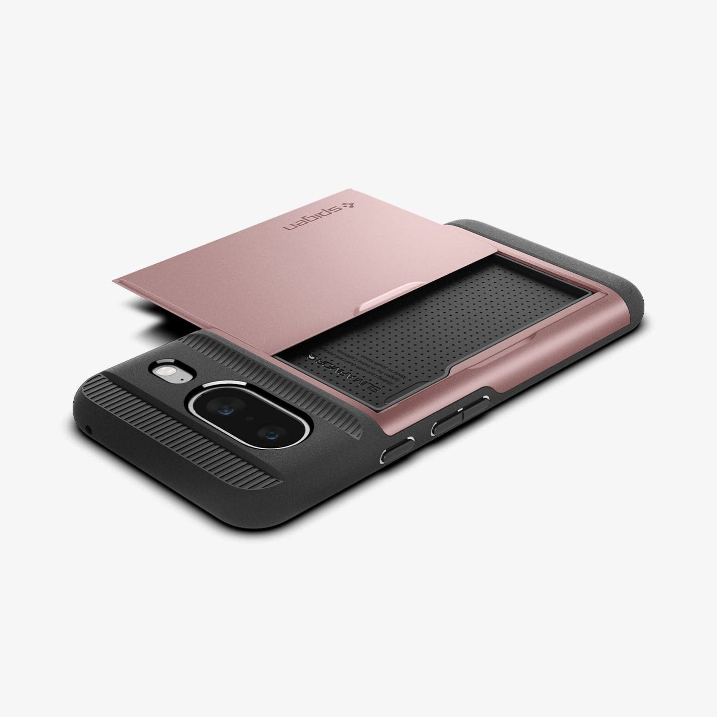 ACS06287 - Pixel 8 Case Slim Armor CS in rose gold showing the back, side and top with card slot open