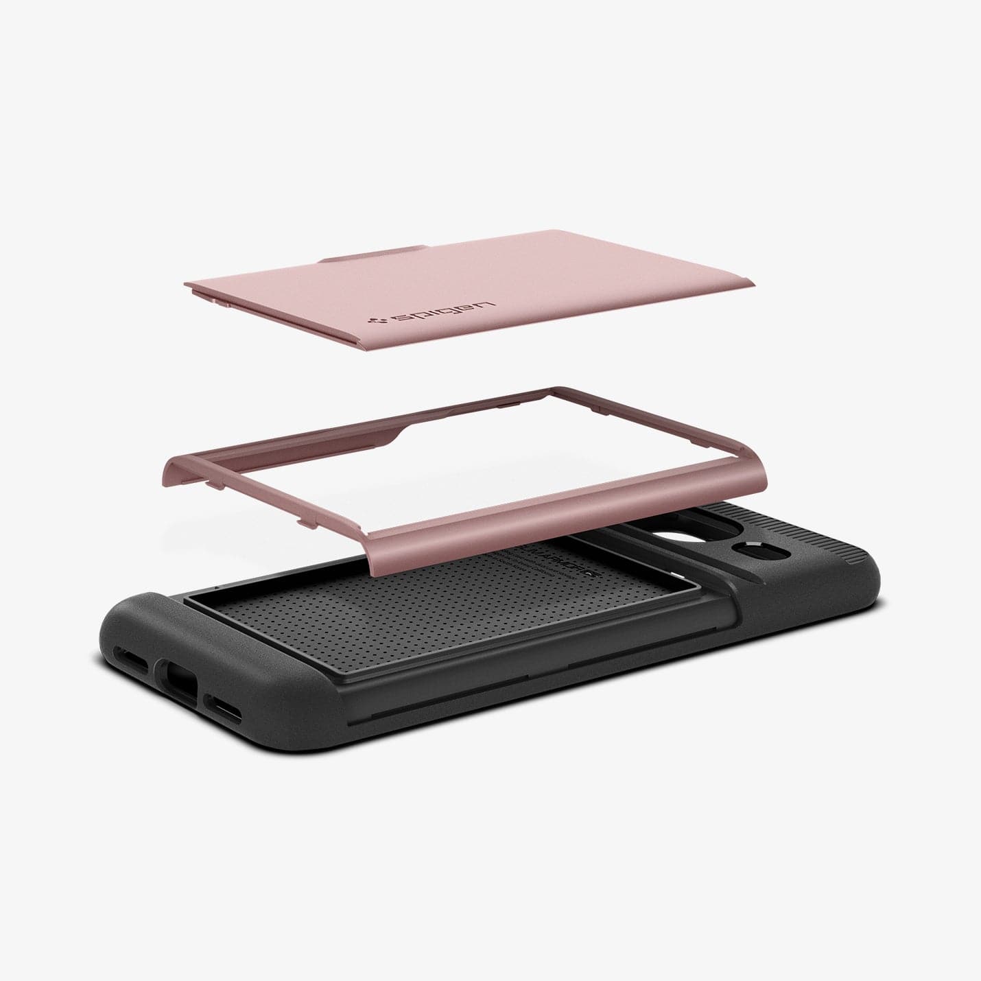 ACS06287 - Pixel 8 Case Slim Armor CS in rose gold showing the multiple layers of card slot hovering above the case