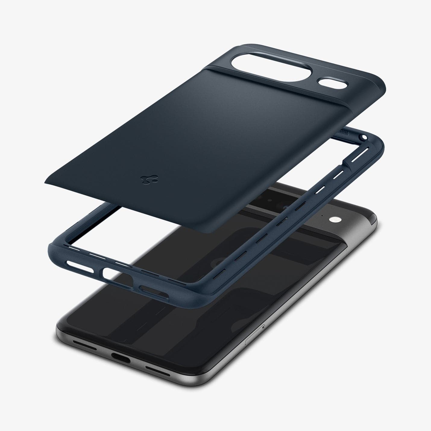 ACS06289 - Pixel 8 Case Thin Fit in metal slate showing the multiple layers of case hovering above the device