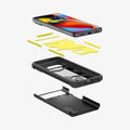 ACS06282 - Pixel 8 Case Tough Armor in black showing the hard pc, soft tpu, impact foam and device