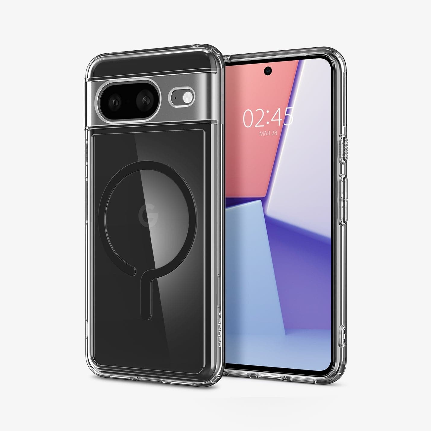 ACS06281 - Pixel 8 Case Ultra Hybrid Metal Ring (MagFit) in black showing the back and front