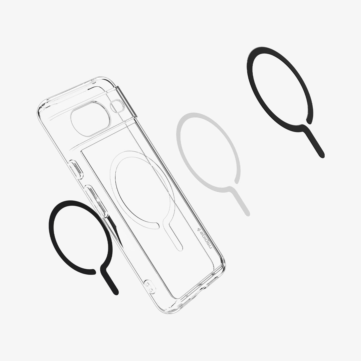 ACS06281 - Pixel 8 Case Ultra Hybrid Metal Ring (MagFit) in black showing the multiple layers of metal ring