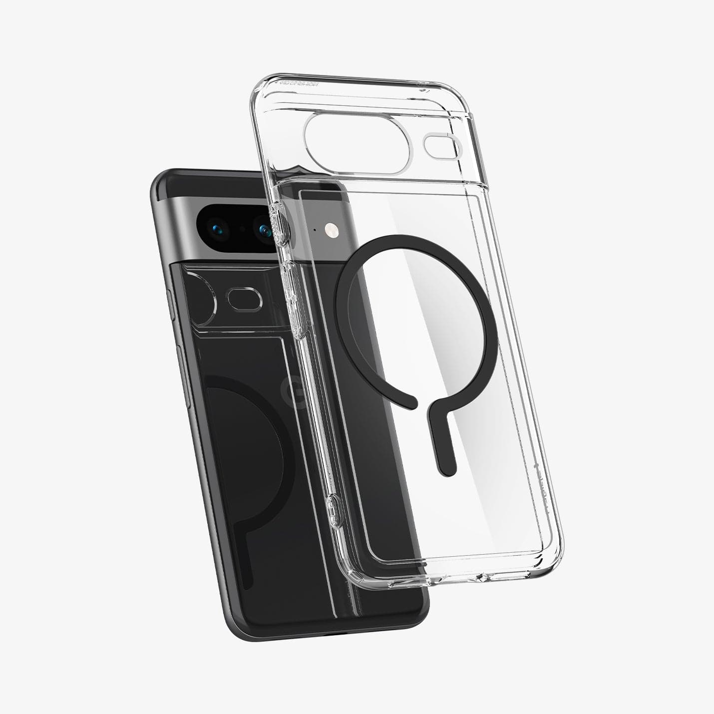ACS06281 - Pixel 8 Case Ultra Hybrid Metal Ring (MagFit) in black showing the back with case hovering away from device