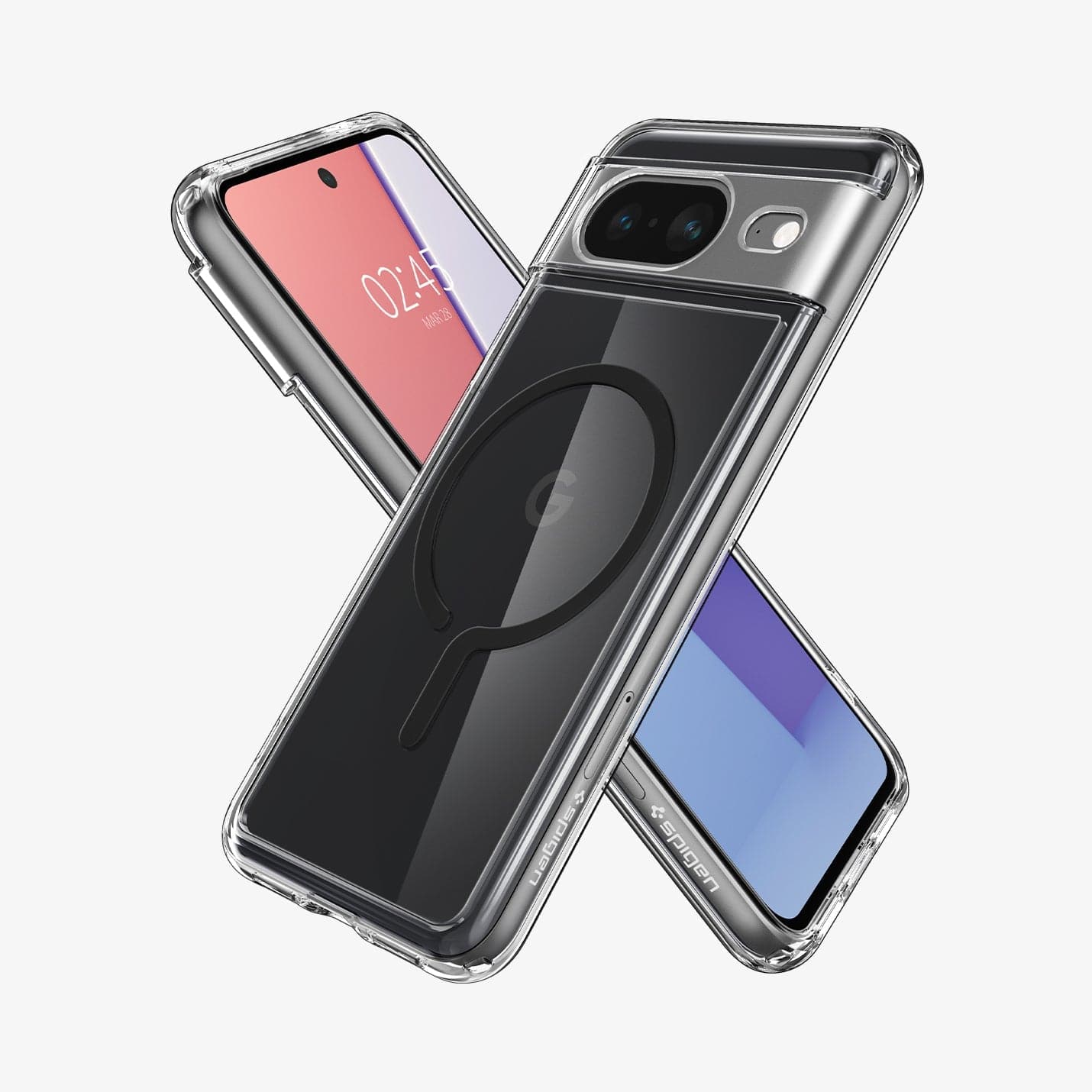 ACS06281 - Pixel 8 Case Ultra Hybrid Metal Ring (MagFit) in black showing the back, front and sides