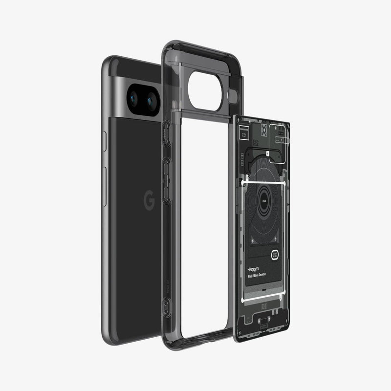 ACS06279 - Pixel 8 Case Ultra Hybrid Zero One showing the back with multiple layers of case hovering away from device
