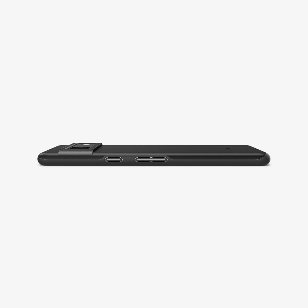 ACS04706 - Pixel 7 Case Thin Fit in black showing the side and partial back with device laying flat