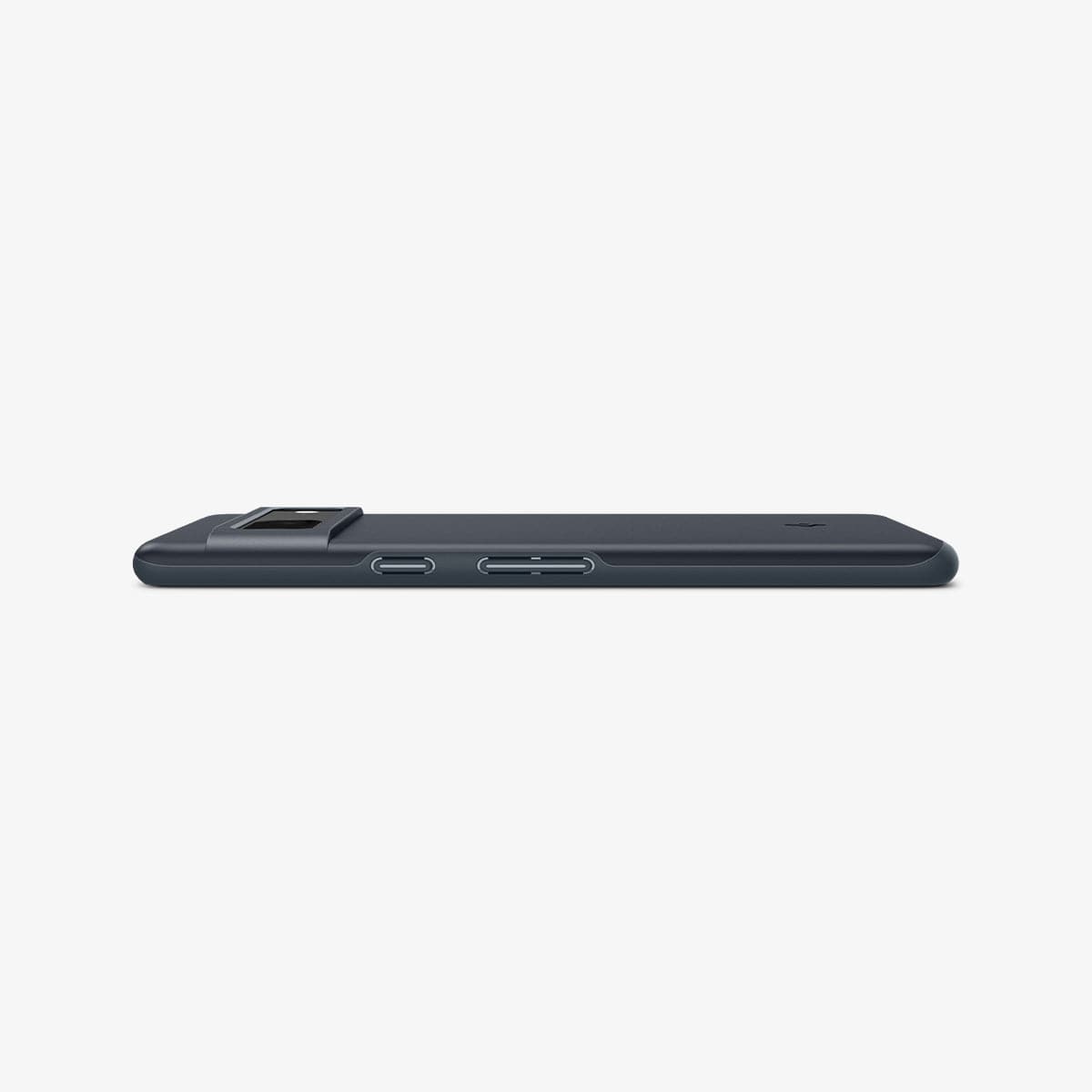 ACS04707 - Pixel 7 Case Thin Fit in metal slate showing the side and partial back with device laying flat