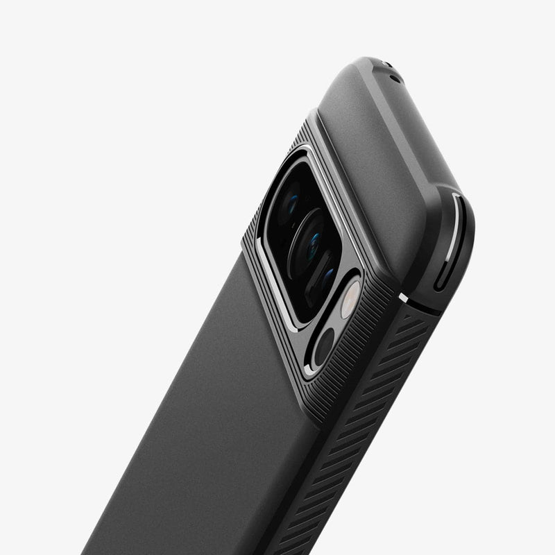 ACS06314 - Pixel 8 Pro Case Rugged Armor in matte black showing the back and side zoomed in on camera lens