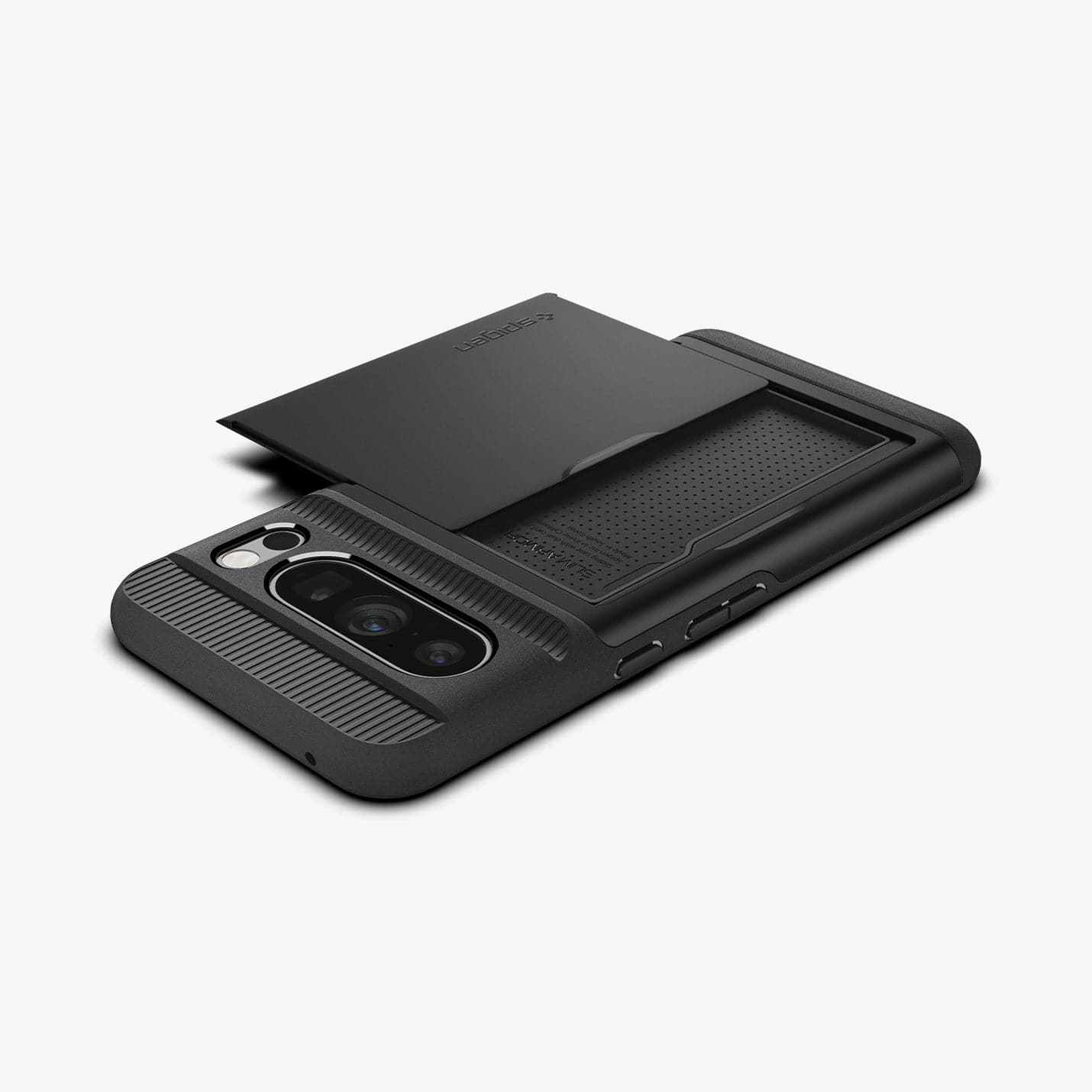 ACS06323 - Pixel 8 Pro Case Slim Armor CS in black showing the back, side and top with card slot open