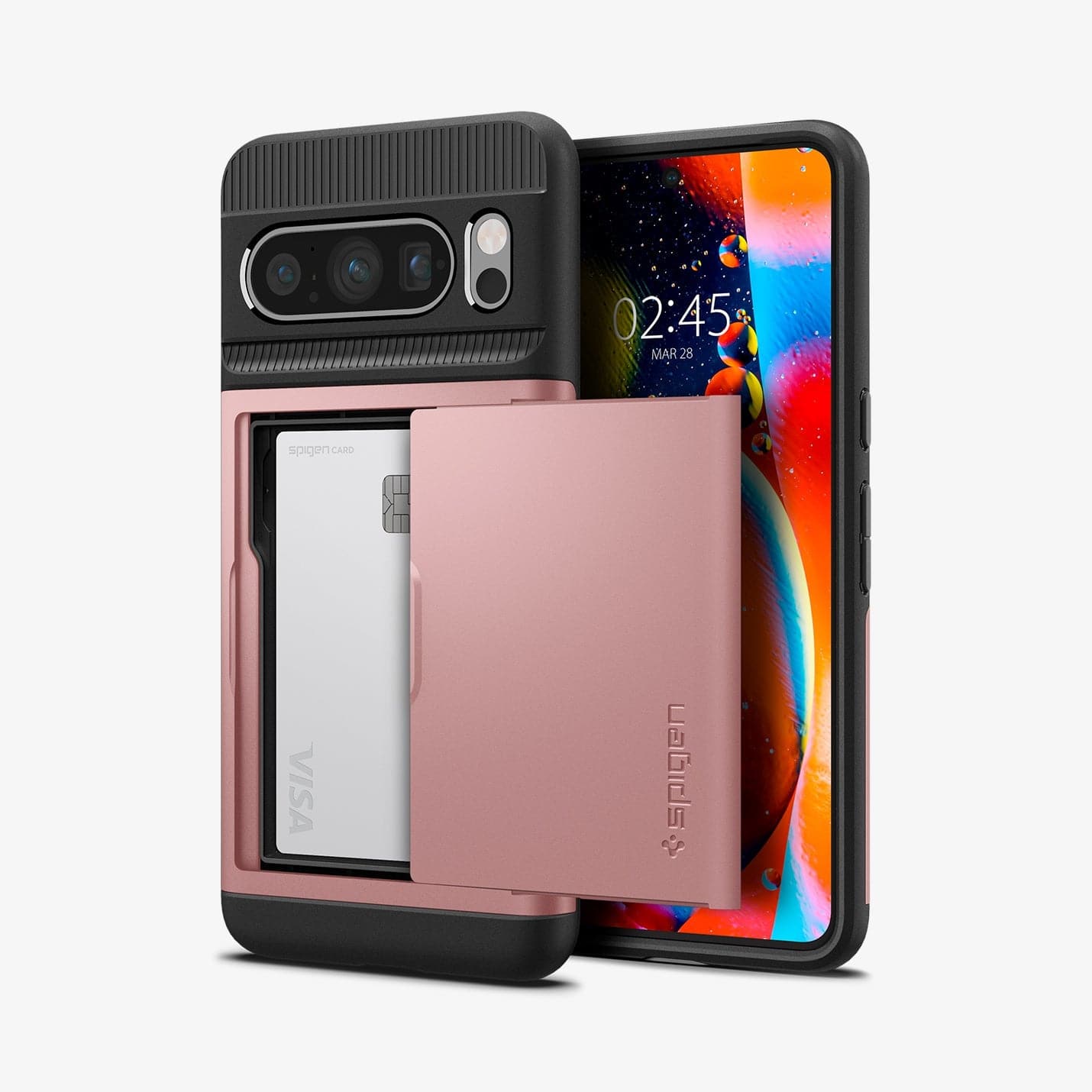 ACS06324 - Pixel 8 Pro Case Slim Armor CS in rose gold showing the back and front with card in slot