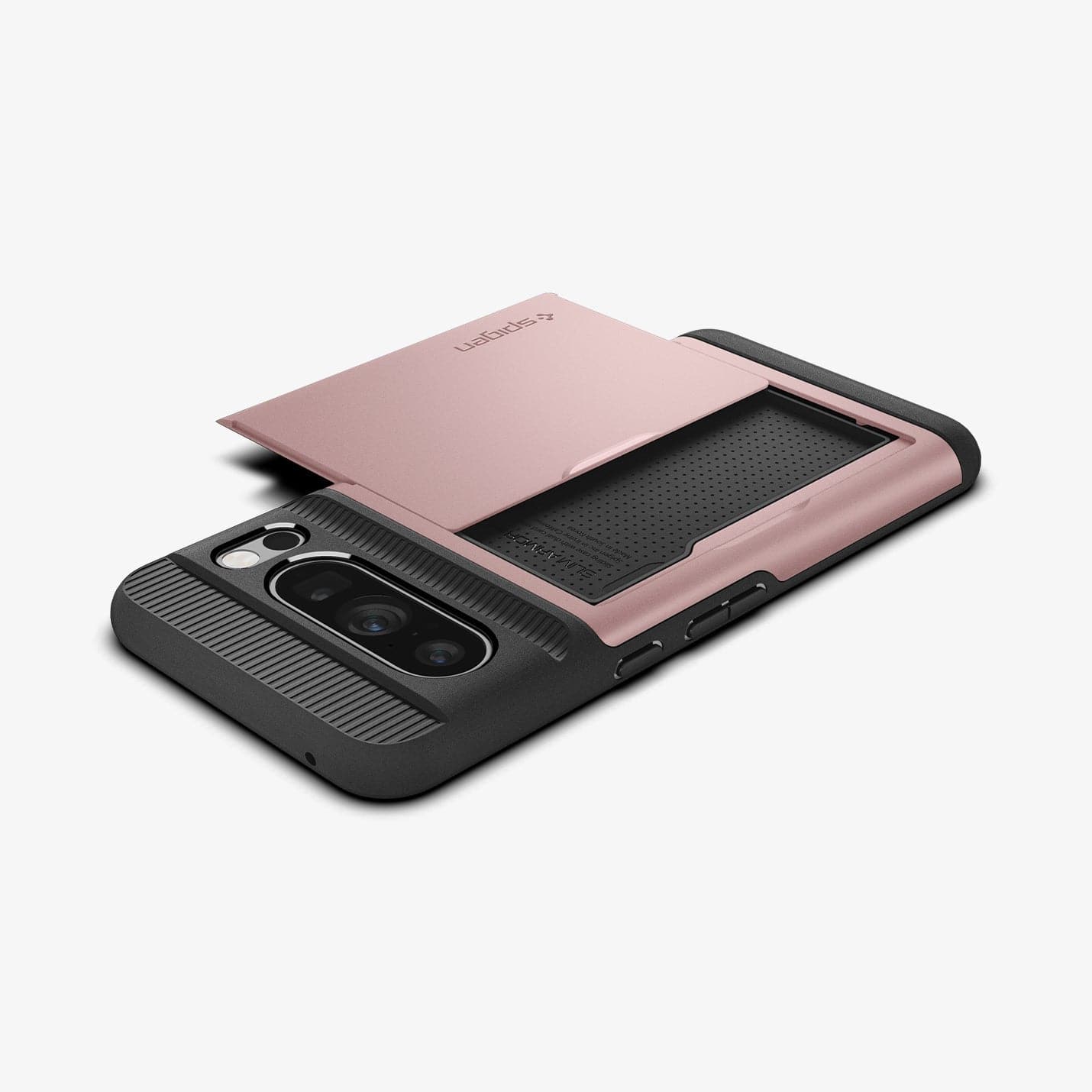 ACS06324 - Pixel 8 Pro Case Slim Armor CS in rose gold showing the back, side and top with card slot open