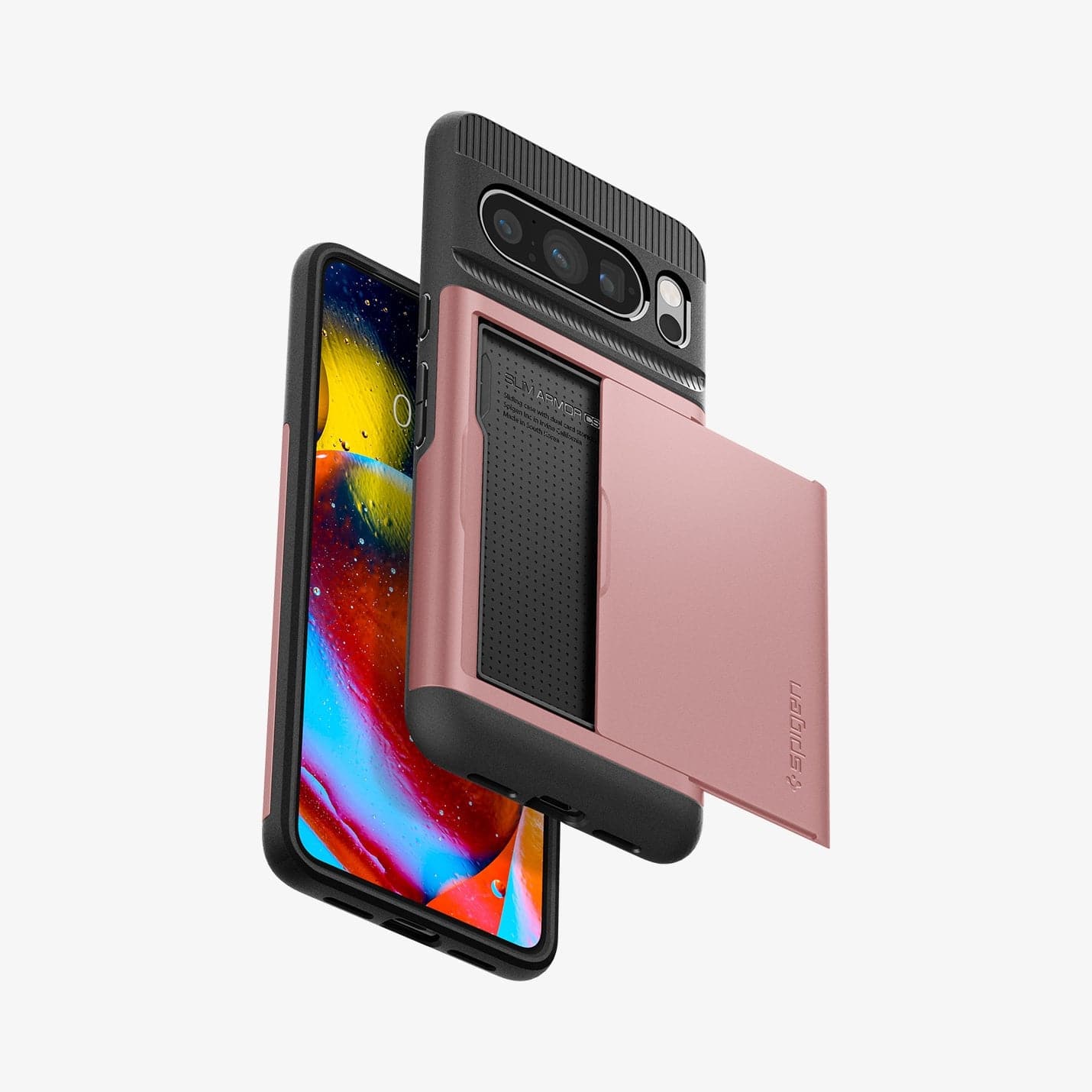 ACS06324 - Pixel 8 Pro Case Slim Armor CS in rose gold showing the back with card slot open, front and sides