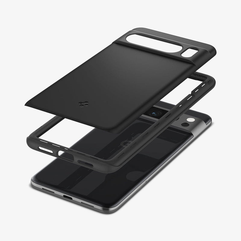 ACS06325 - Pixel 8 Pro Case Thin Fit in black showing the multiple layers of case hovering above the device
