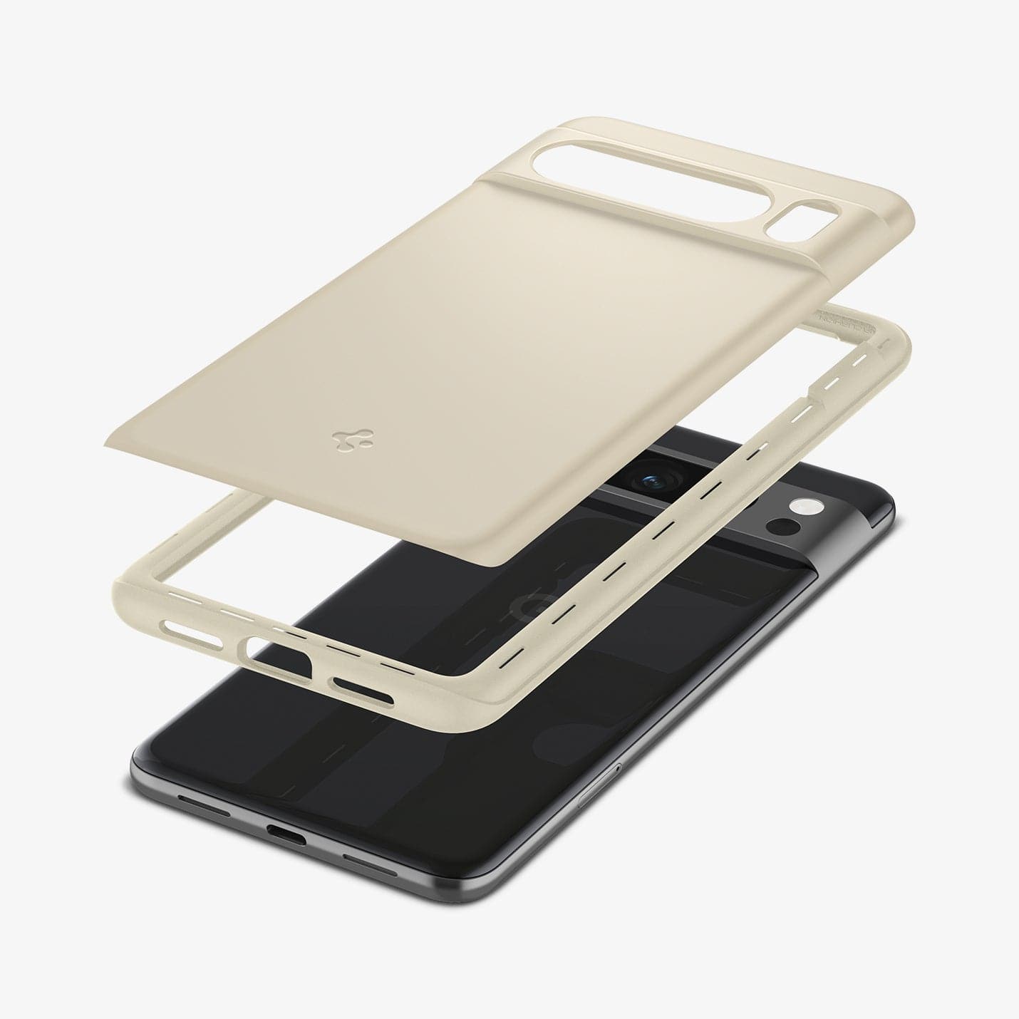 ACS06328 - Pixel 8 Pro Case Thin Fit in mute beige showing the back with multiple layers of case hovering above the device