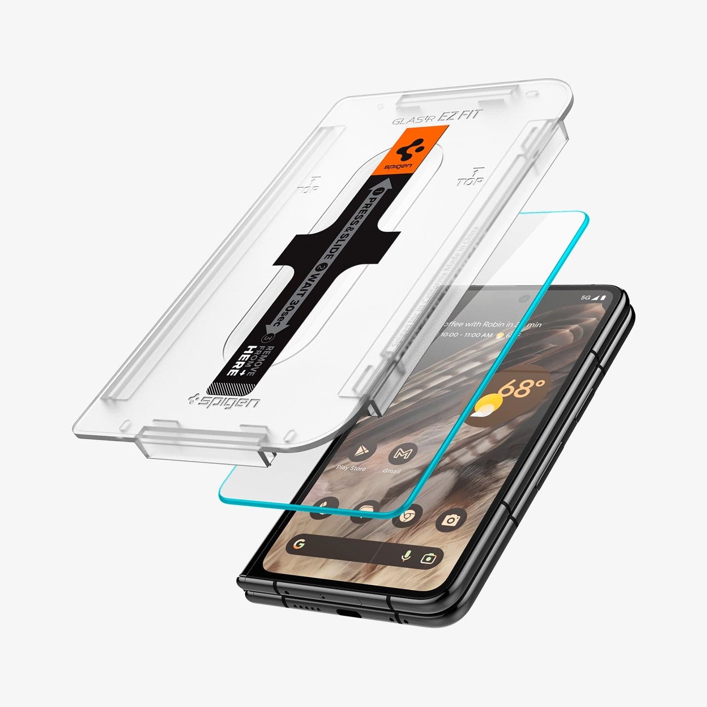 AGL06200 - Pixel Fold Series GLAS.tR EZ Fit Screen Protector showing the ez fit tray and screen protector hovering in front of device
