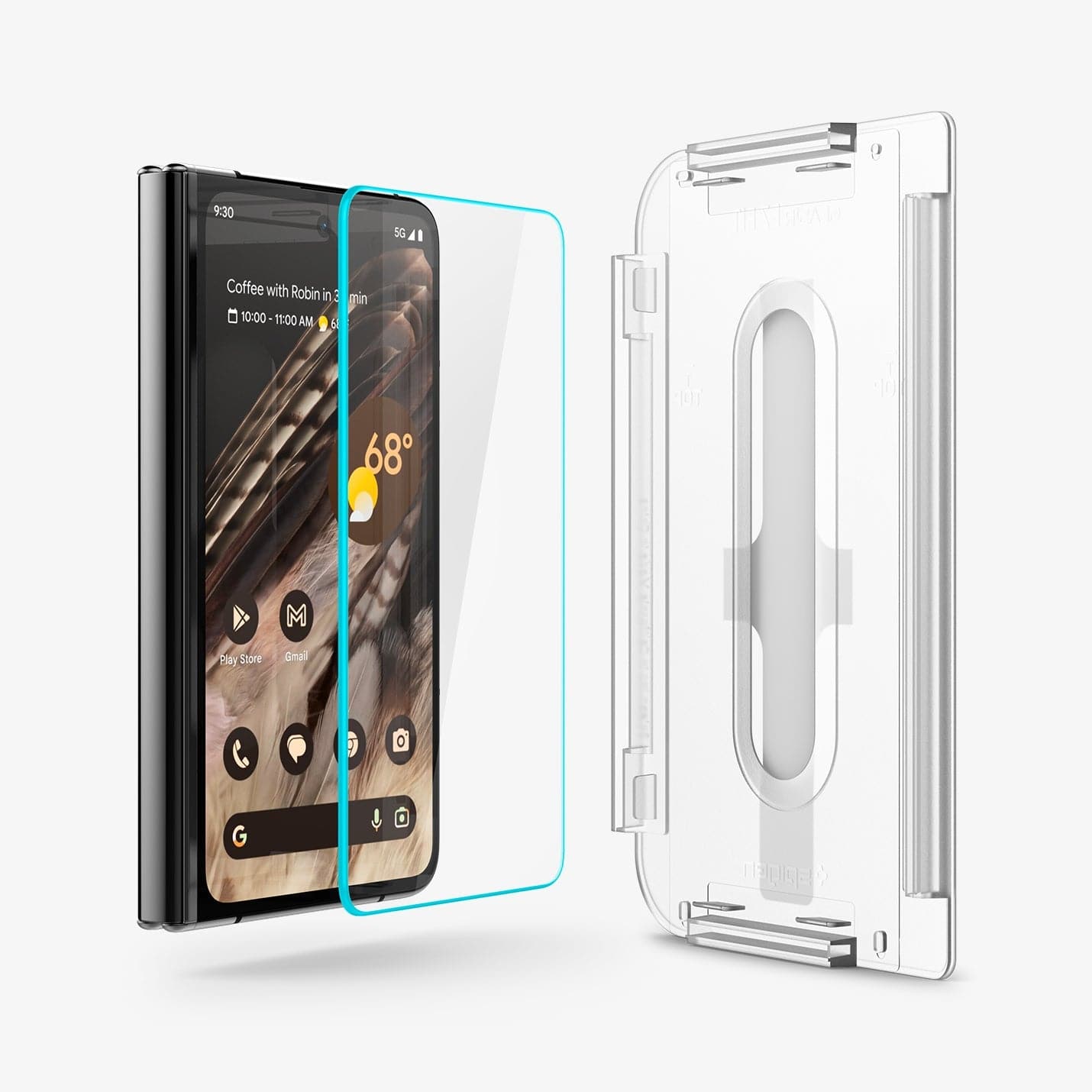AGL06200 - Pixel Fold Series GLAS.tR EZ Fit Screen Protector showing the device, screen protector and ez fit tray