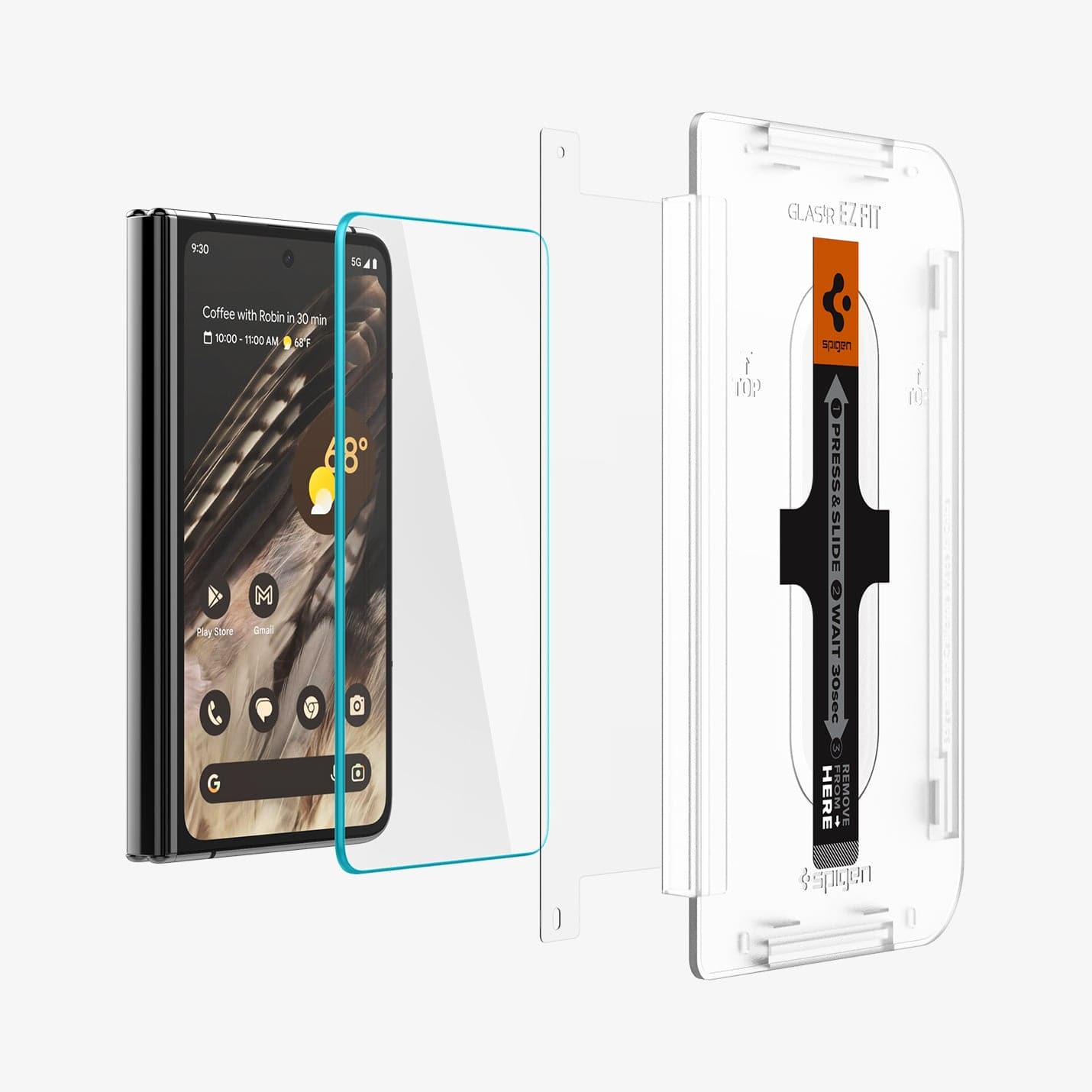 AGL06200 - Pixel Fold Series GLAS.tR EZ Fit Screen Protector showing the screen protector, protective film and ez fit tray hovering in front of device