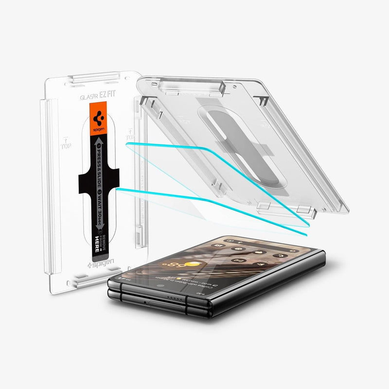 AGL06200 - Pixel Fold Series GLAS.tR EZ Fit Screen Protector showing the ez fit tray and two screen protectors hovering above the device