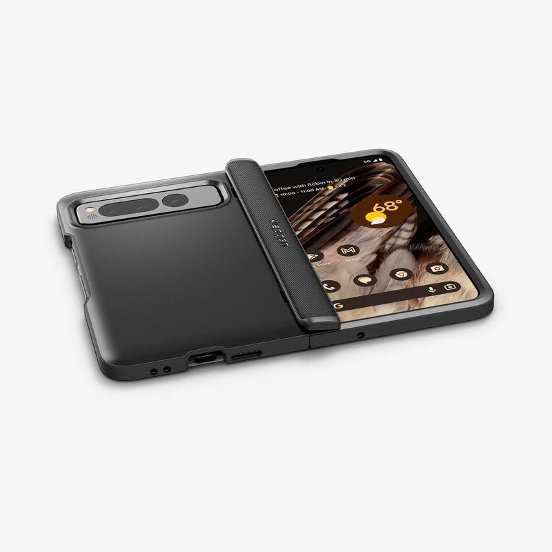 ACS05920 - Pixel Fold Series Case Slim Armor Pro in black showing the back, hinge and front with device laying flat