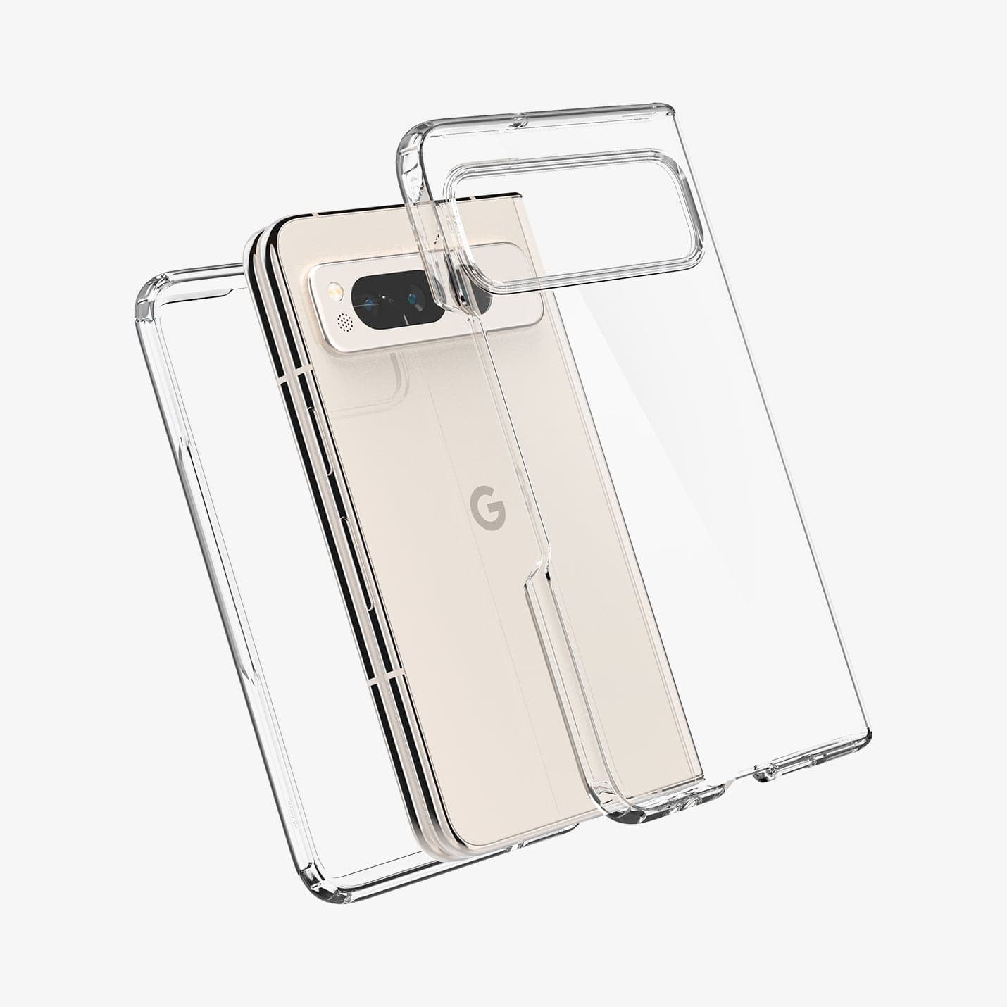 ACS05921 - Pixel Fold Series Case Ultra Hybrid in crystal clear showing the device with front and back of case hovering away