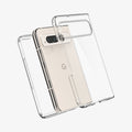 ACS05921 - Pixel Fold Series Case Ultra Hybrid in crystal clear showing the device with front and back of case hovering away